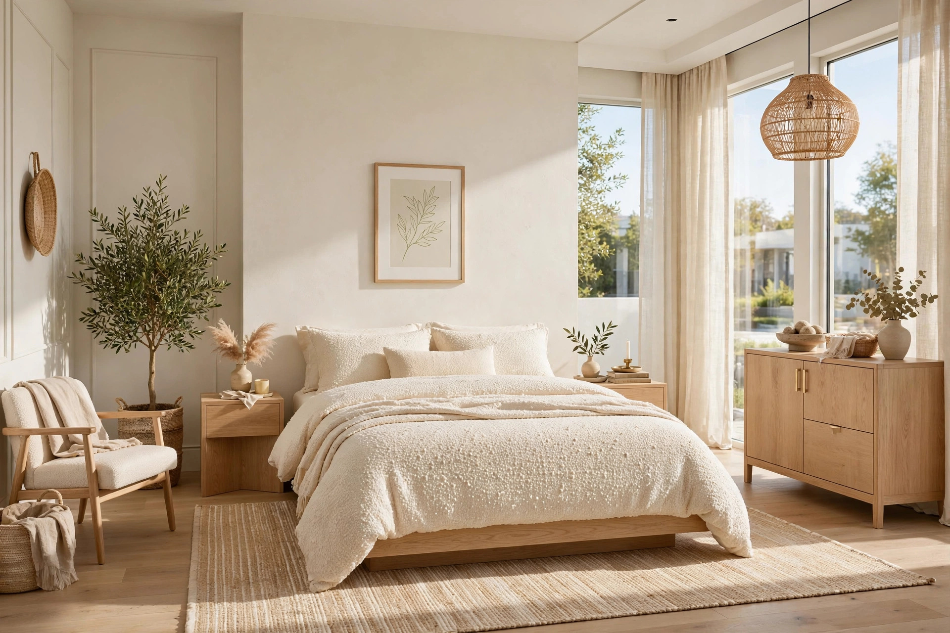 Modern bedroom with cream boucle-look textured bedding, nubby looped fabric, minimalist decor, bright daylight, wide-angle full room view