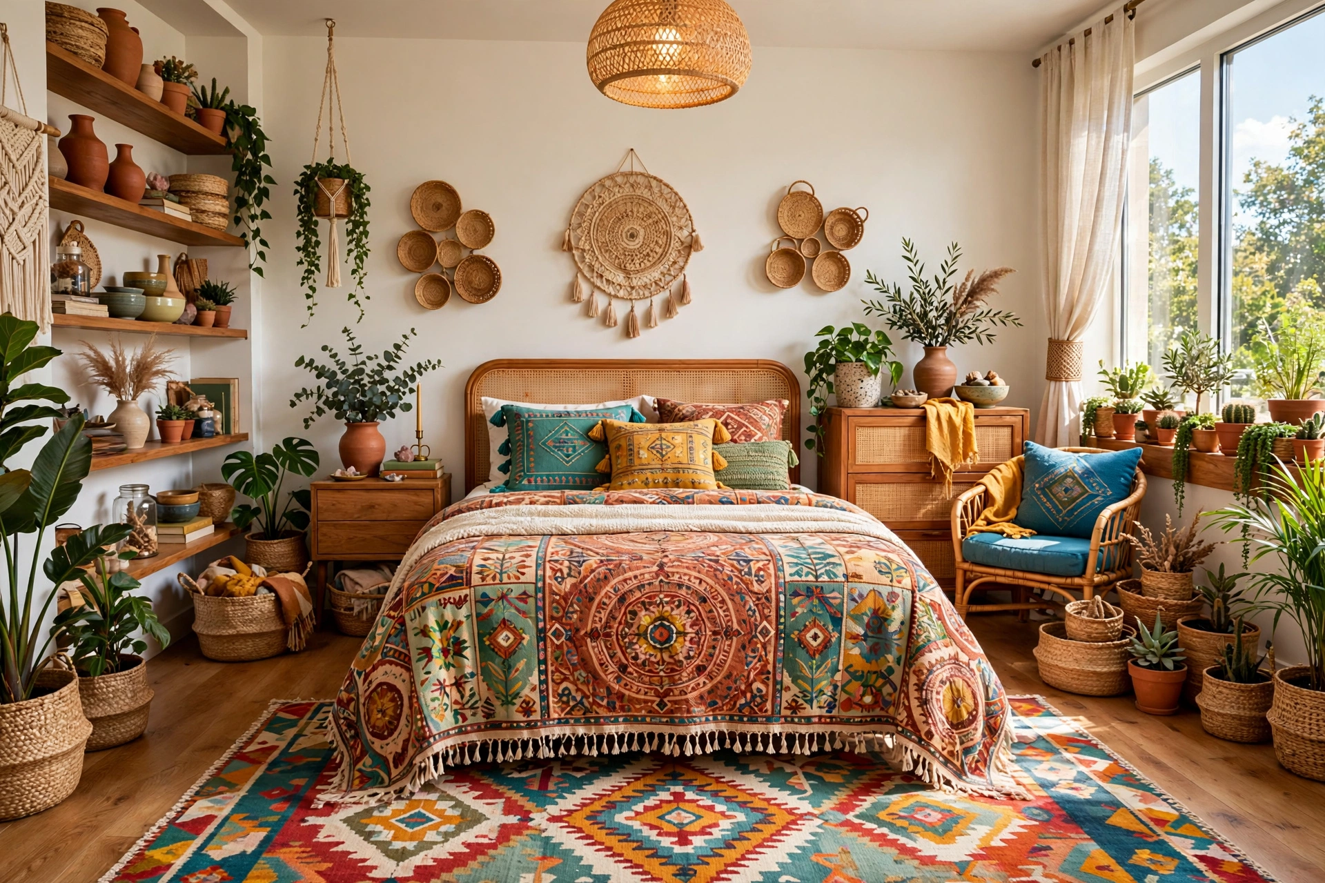 Bohemian bedroom with terracotta patterned medallion bedding, eclectic global motifs, woven baskets, warm light, wide-angle full room view