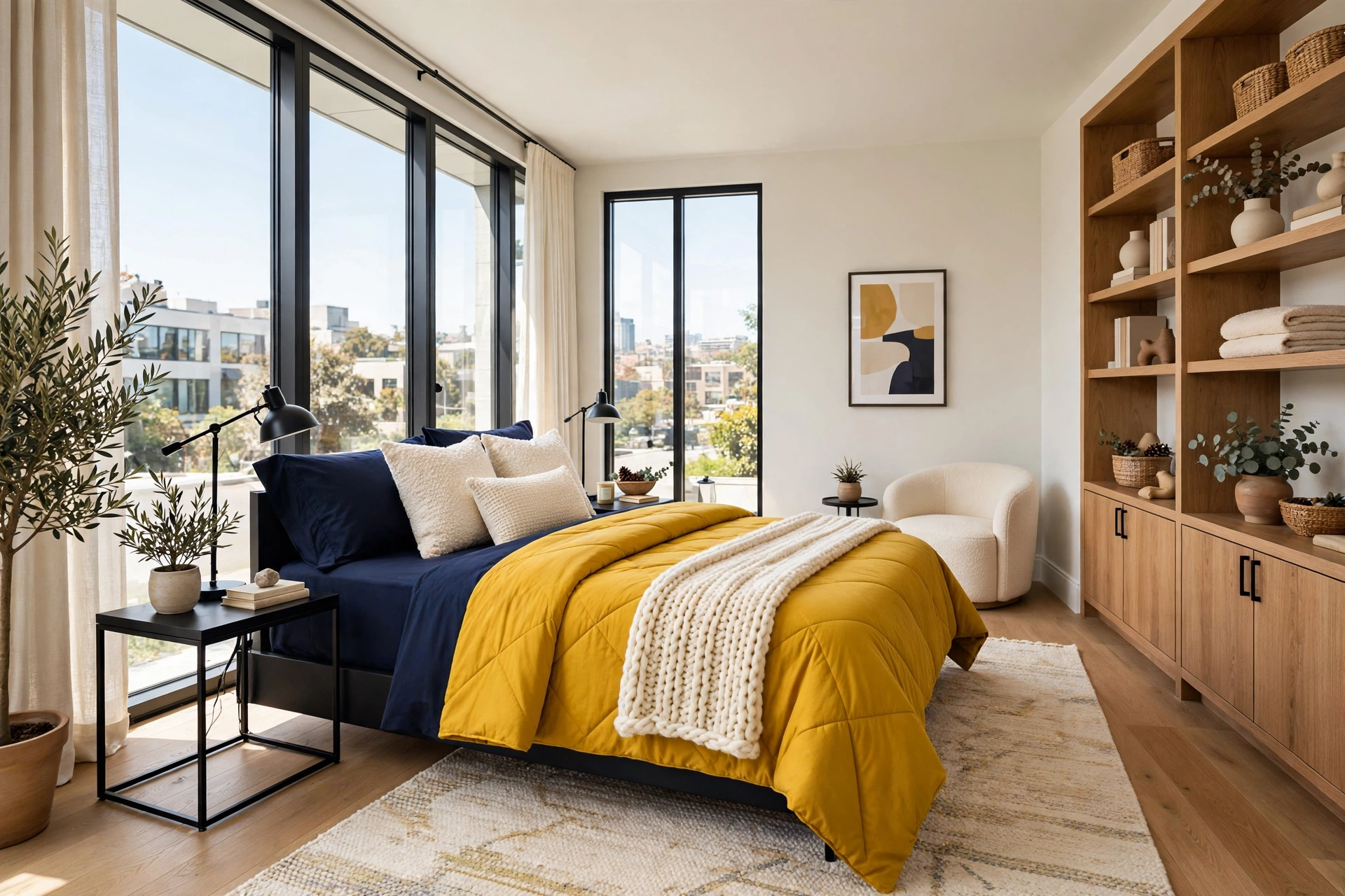 Bold modern bedroom with deep navy solid bedding, saturated color duvet, light neutral walls, cream throw accents, wide-angle full room view
