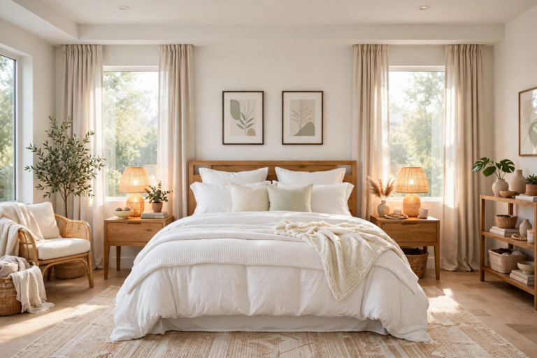 Bright modern bedroom with the entire room visible wall-to-wall, crisp layered white bedding, warm wood nightstands, and soft morning light
