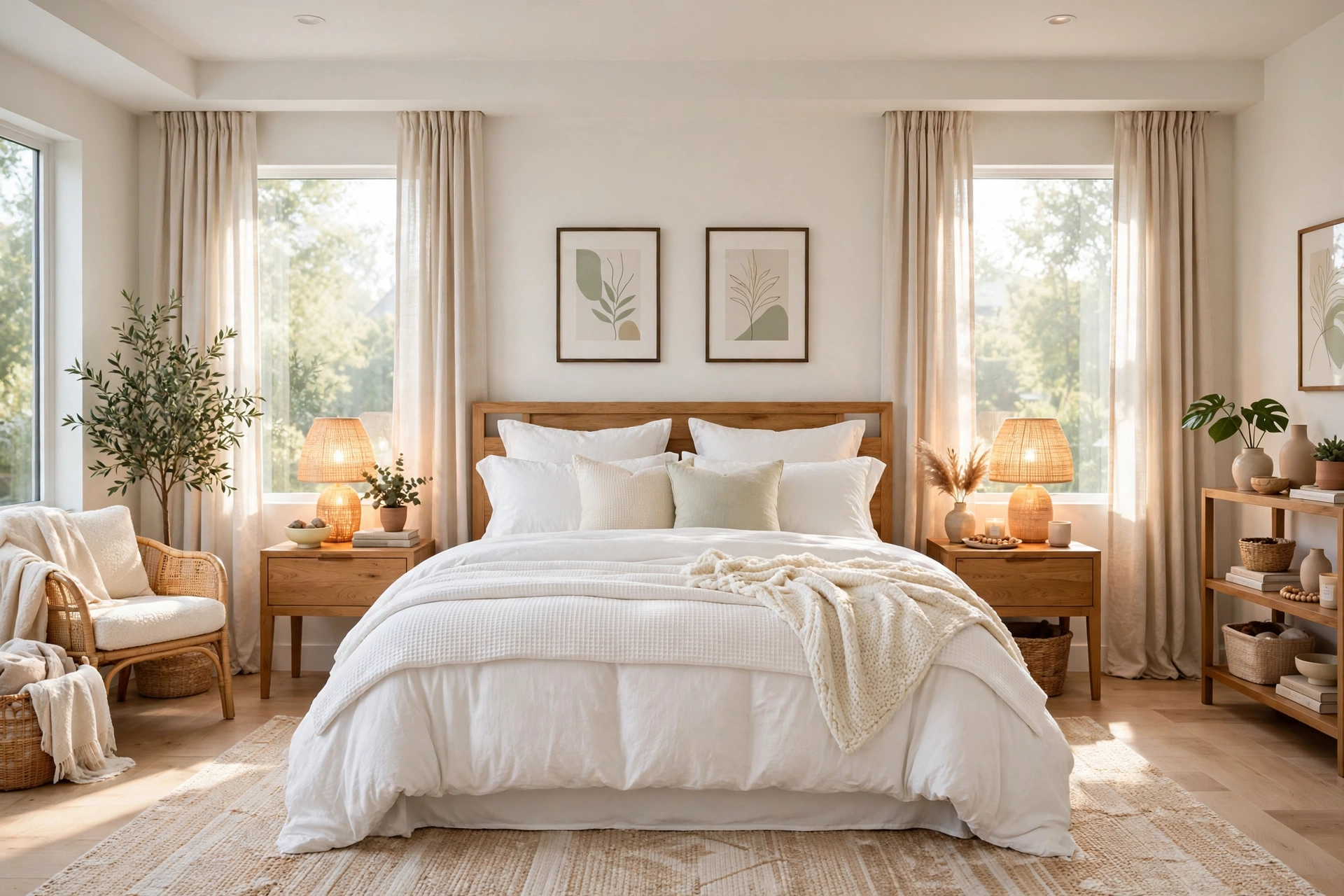 Bright modern bedroom with the entire room visible wall-to-wall, crisp layered white bedding, warm wood nightstands, and soft morning light