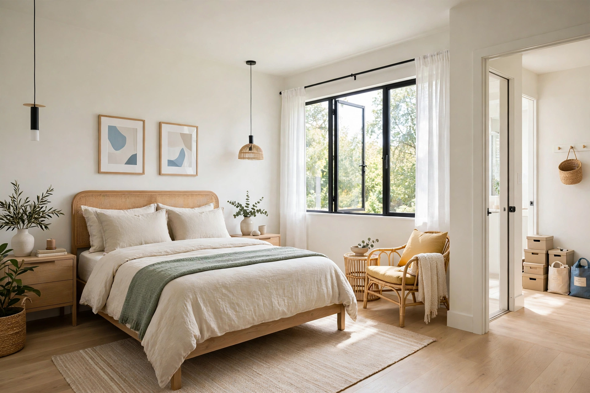Minimal bright bedroom mid-declutter, wide-angle view showing clear floor space, open closet, and neatly sorted storage boxes