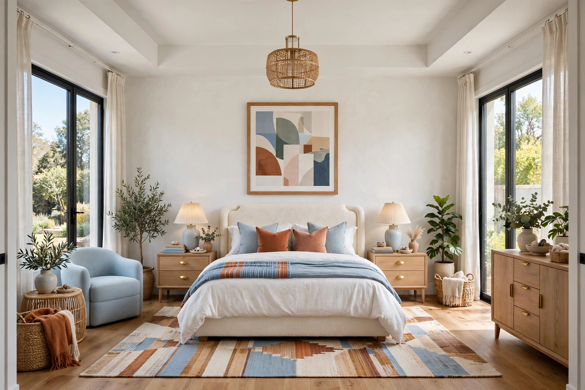 Bright modern bedroom wide-angle view with the bed centered on the main wall, symmetrical nightstands, and balanced natural light
