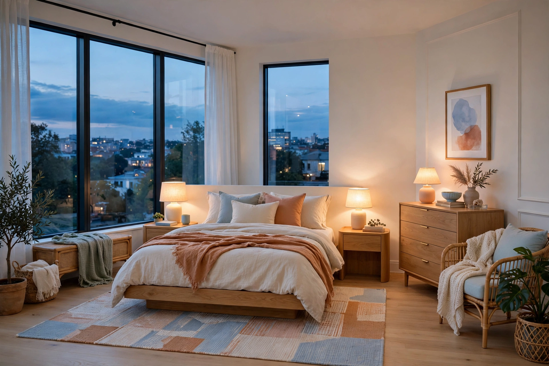 Bright modern bedroom at dusk with three warm light sources, bedside lamps glowing, wide-angle view of the entire cozy room