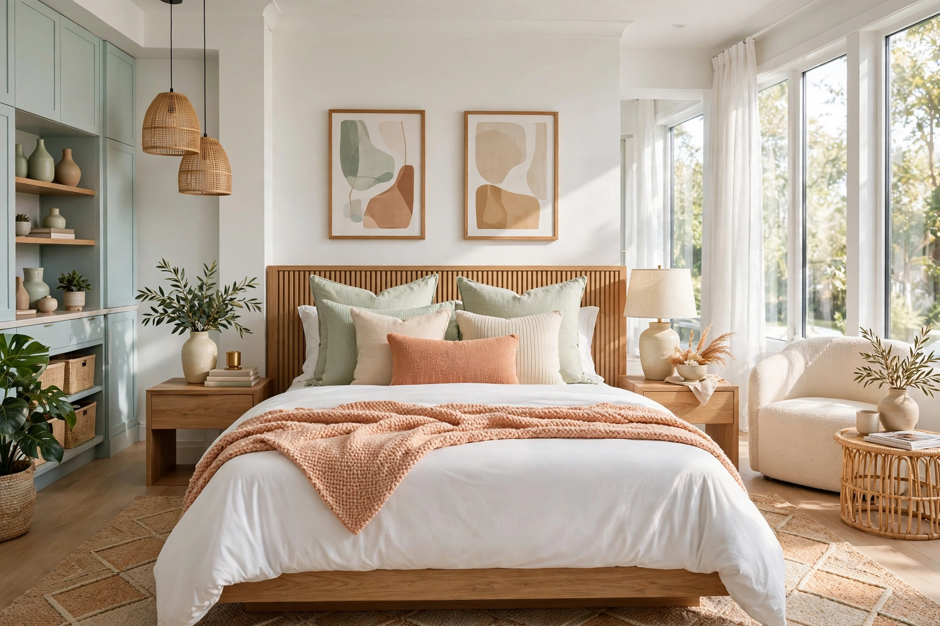 Close-up-style wide shot of a beautifully layered bed, crisp white sheets, textured throw, and pillows in descending sizes