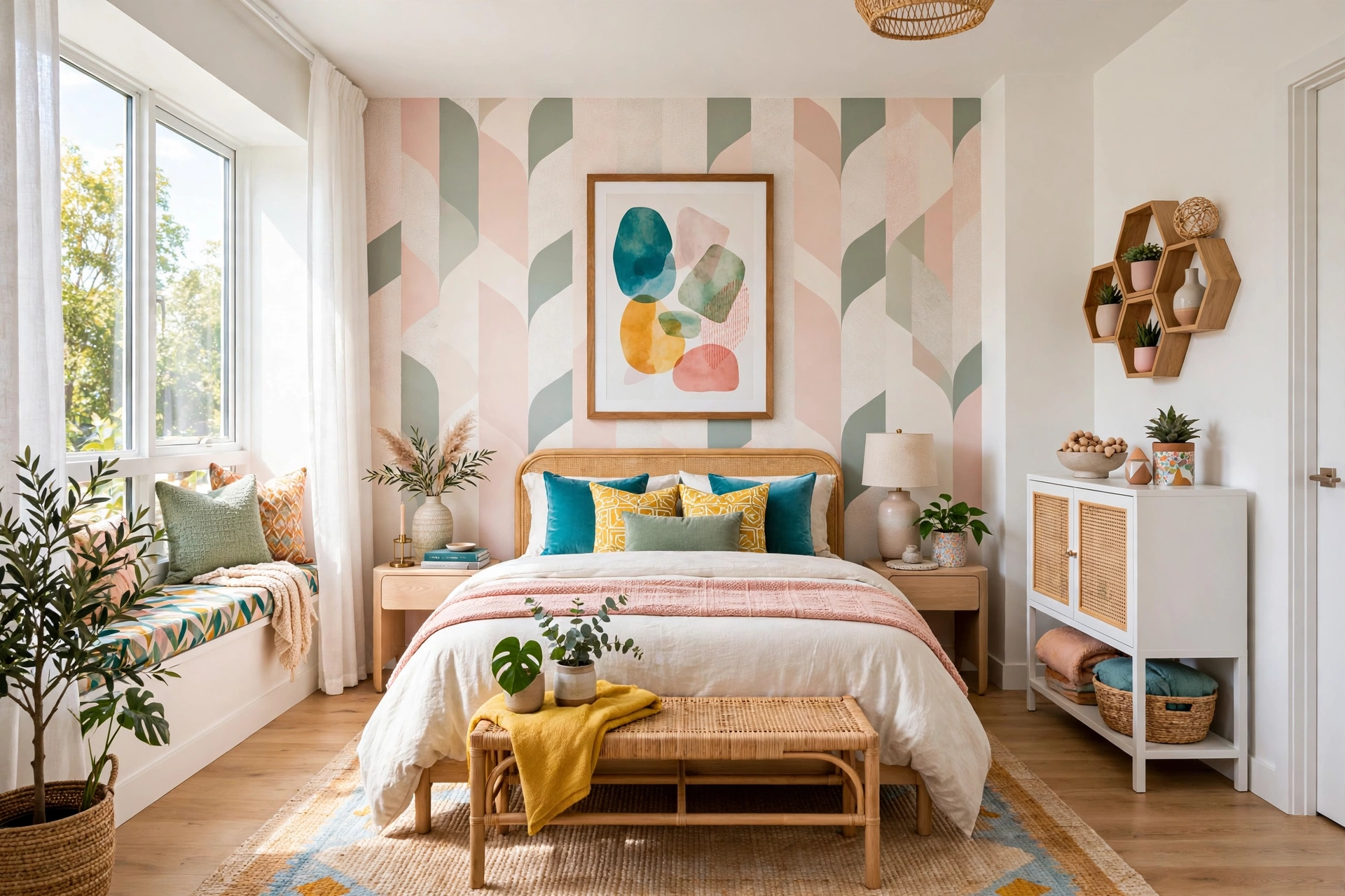 Bright modern bedroom with one large framed art piece above the bed, wide-angle wall-to-wall view, renter-friendly decor