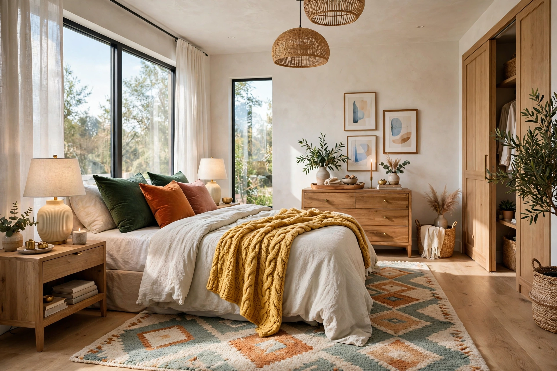 Bright modern bedroom rich in texture, wide view with chunky knit throw, linen duvet, wool rug, and velvet cushions