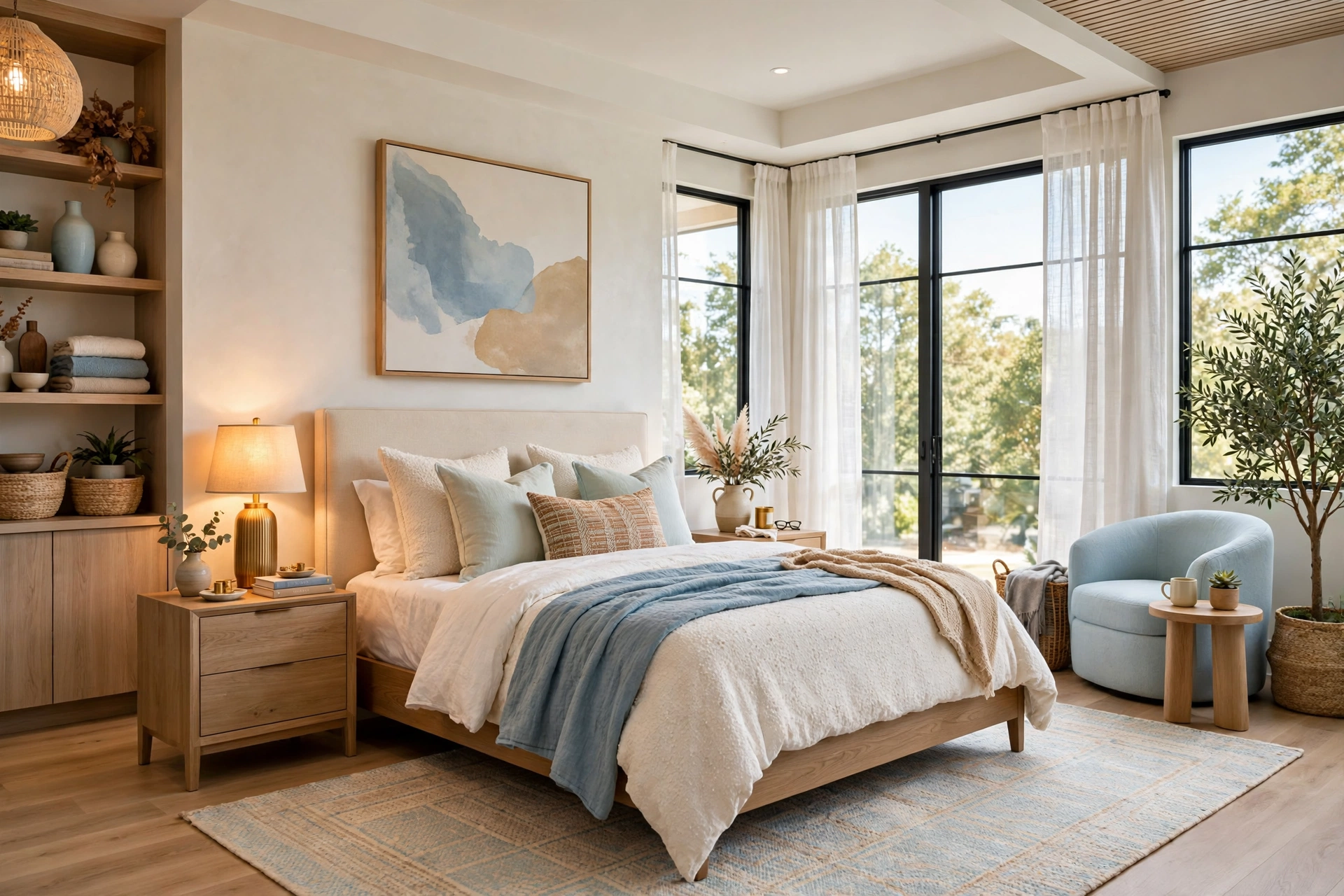 Bright modern finished bedroom, full wide-angle wall-to-wall view, calm complete styling with layered bedding and warm lamplight