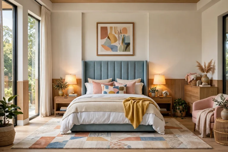 Bright finished master bedroom with upholstered headboard, layered bedding, warm bedside lamps, and framed art above the bed, whole room visible wall to wall