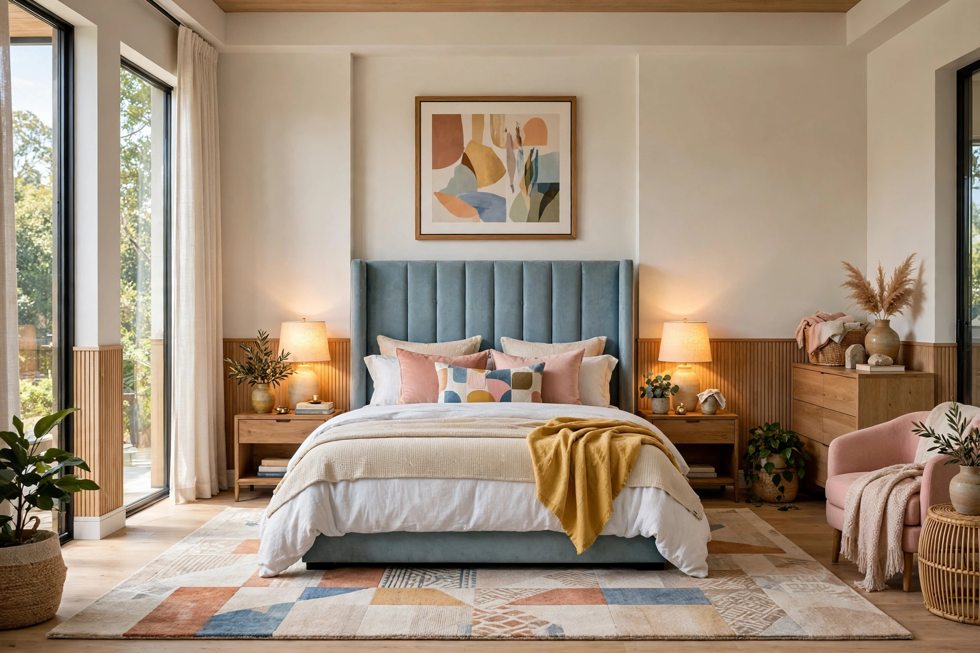Bright finished master bedroom with upholstered headboard, layered bedding, warm bedside lamps, and framed art above the bed, whole room visible wall to wall