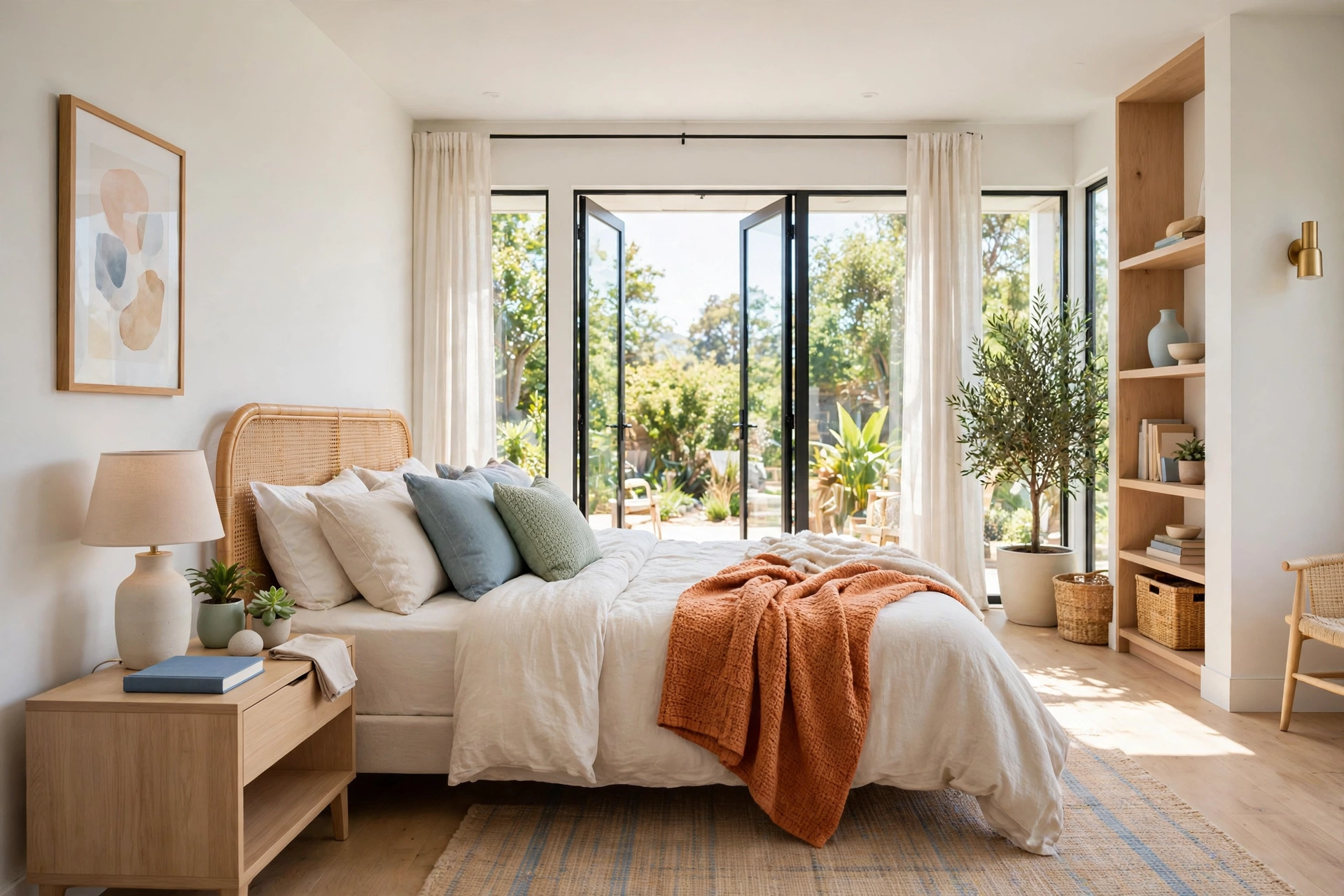 Bright bedroom with a styled minimalist nightstand holding a lamp, a book, and a small plant