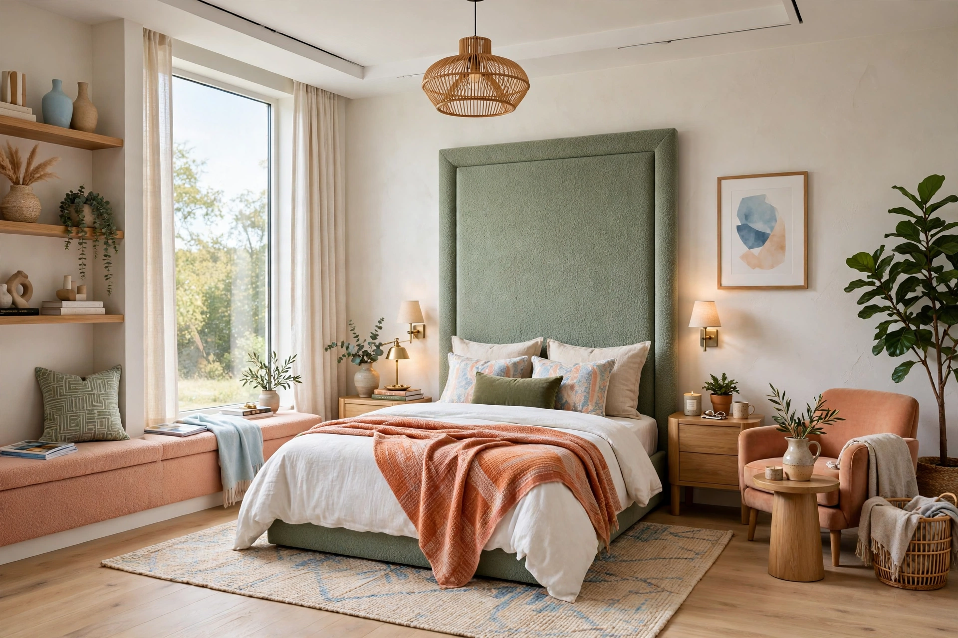 Bright bedroom with a tall upholstered headboard anchoring the bed against the focal wall