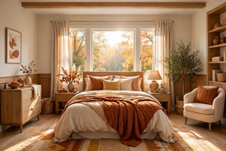 Bright cozy bedroom in warm autumn tones with layered bedding, rust knit throw, and golden morning light through linen curtains