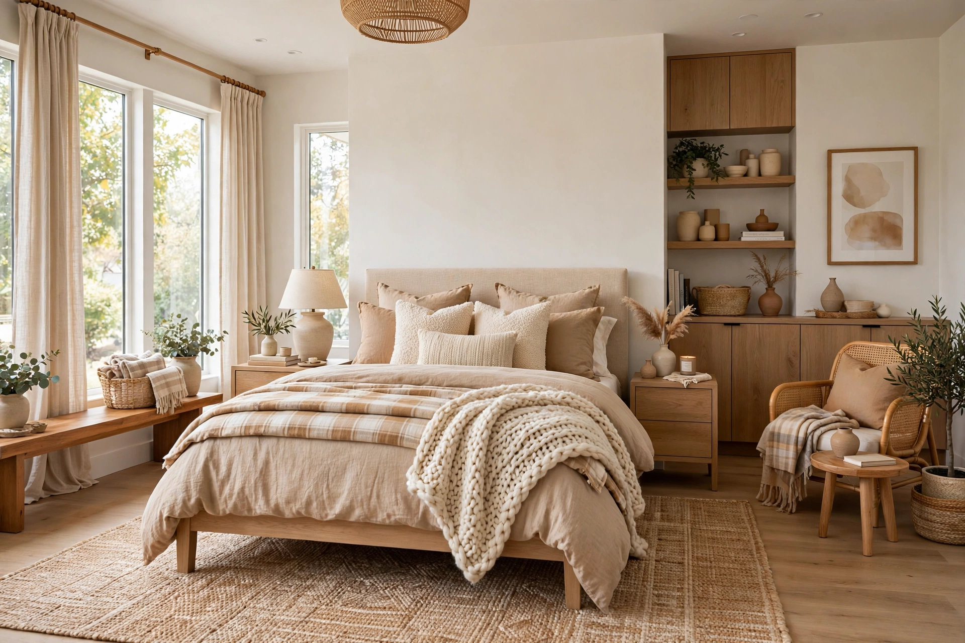 Cozy bedroom with layered flannel and linen bedding, chunky knit throw, and plush pillows in warm neutral tones