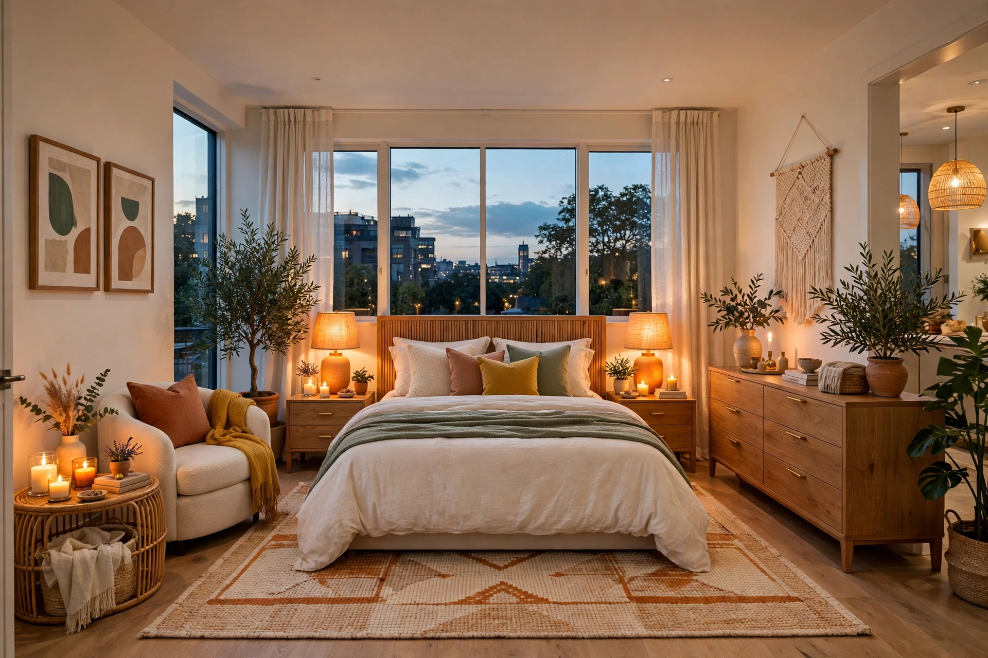Bedroom glowing with warm amber table lamps and flickering candles on the nightstand at dusk