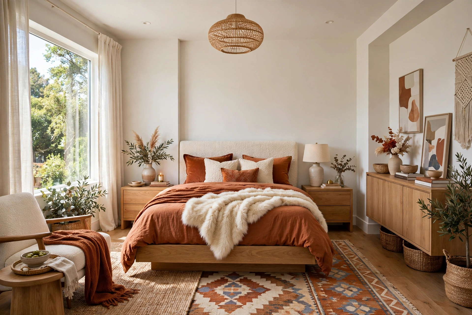 Bed with a cream faux-fur throw draped across the foot over rust-colored layered bedding
