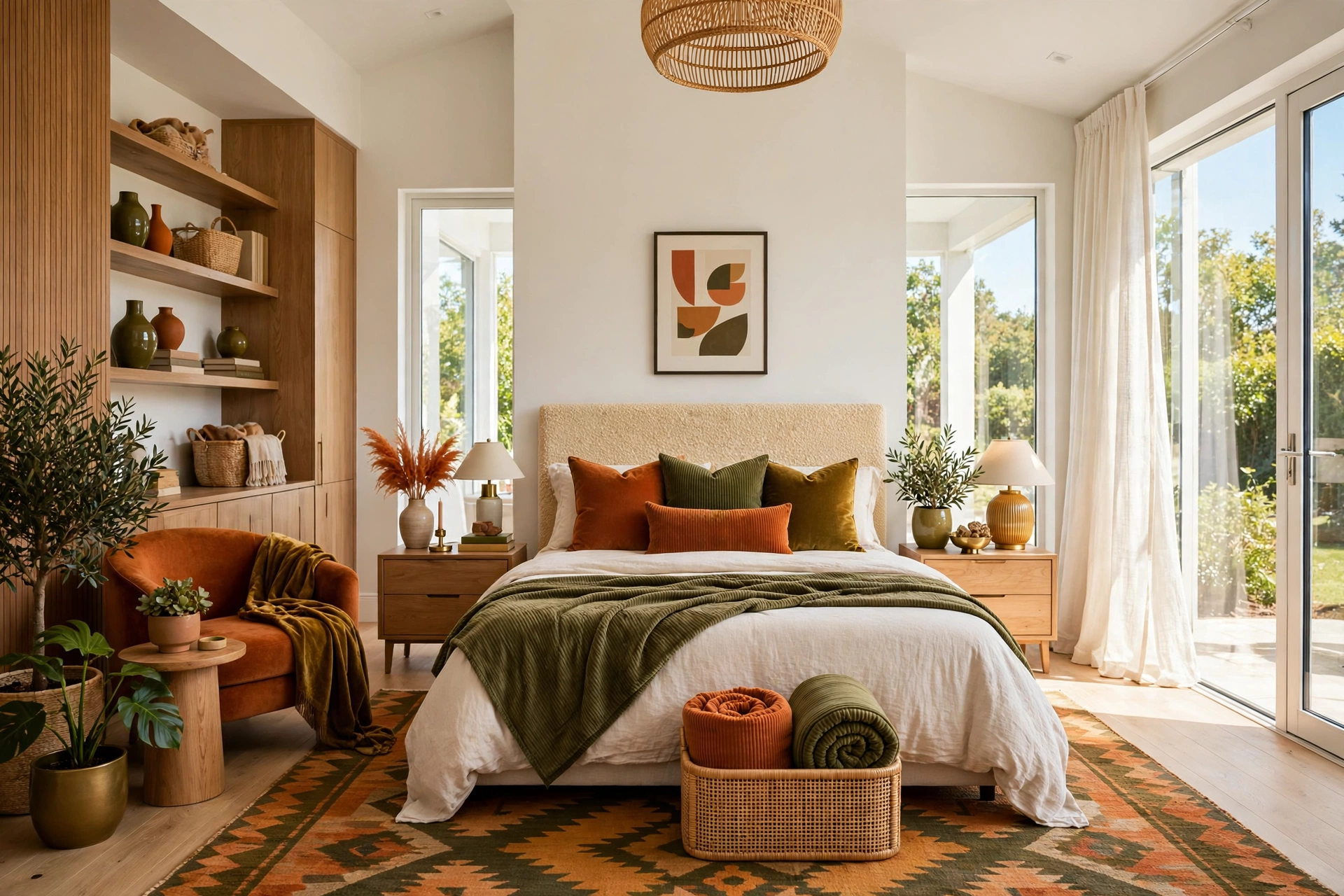 Bed styled with velvet and corduroy pillows in burnt orange, olive, and deep gold