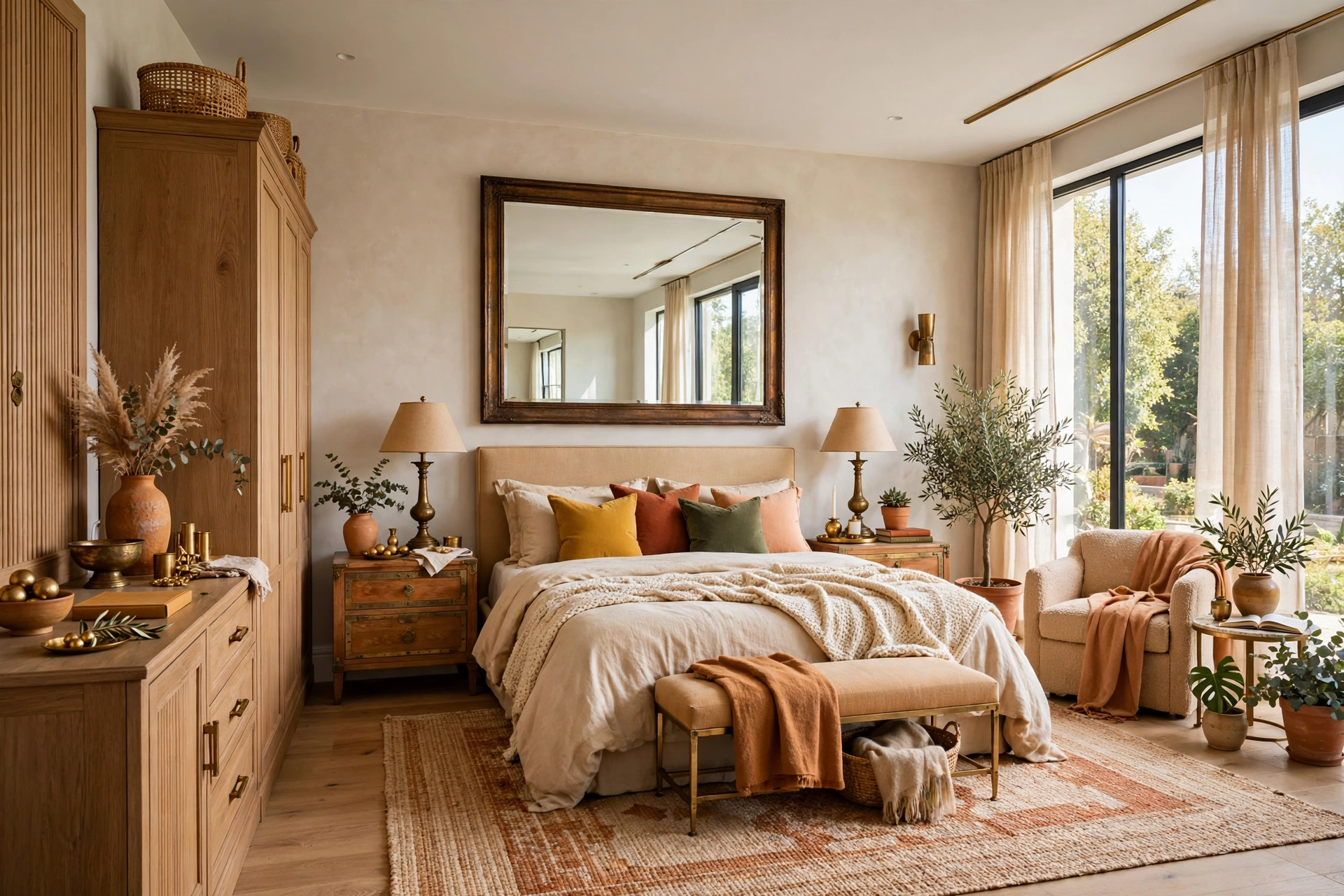 Bedroom detail with aged brass lamp, bronze mirror frame, and warm metallic decor accents
