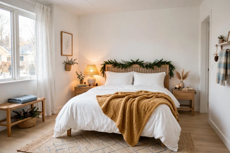 A bright festive guest bedroom with crisp hotel-style bedding, warm glowing bedside lamps, and subtle holiday greenery, wide shot showing the whole room wall-to-wall