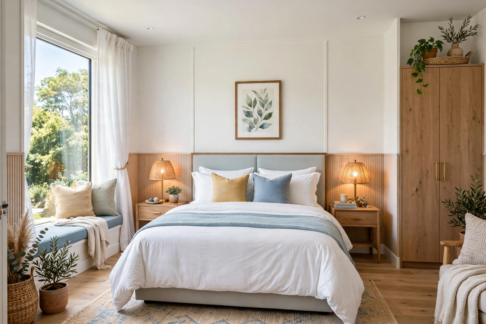 Wide shot of a bright guest bedroom with fresh hotel-style bedding in crisp white linens and neatly stacked pillows