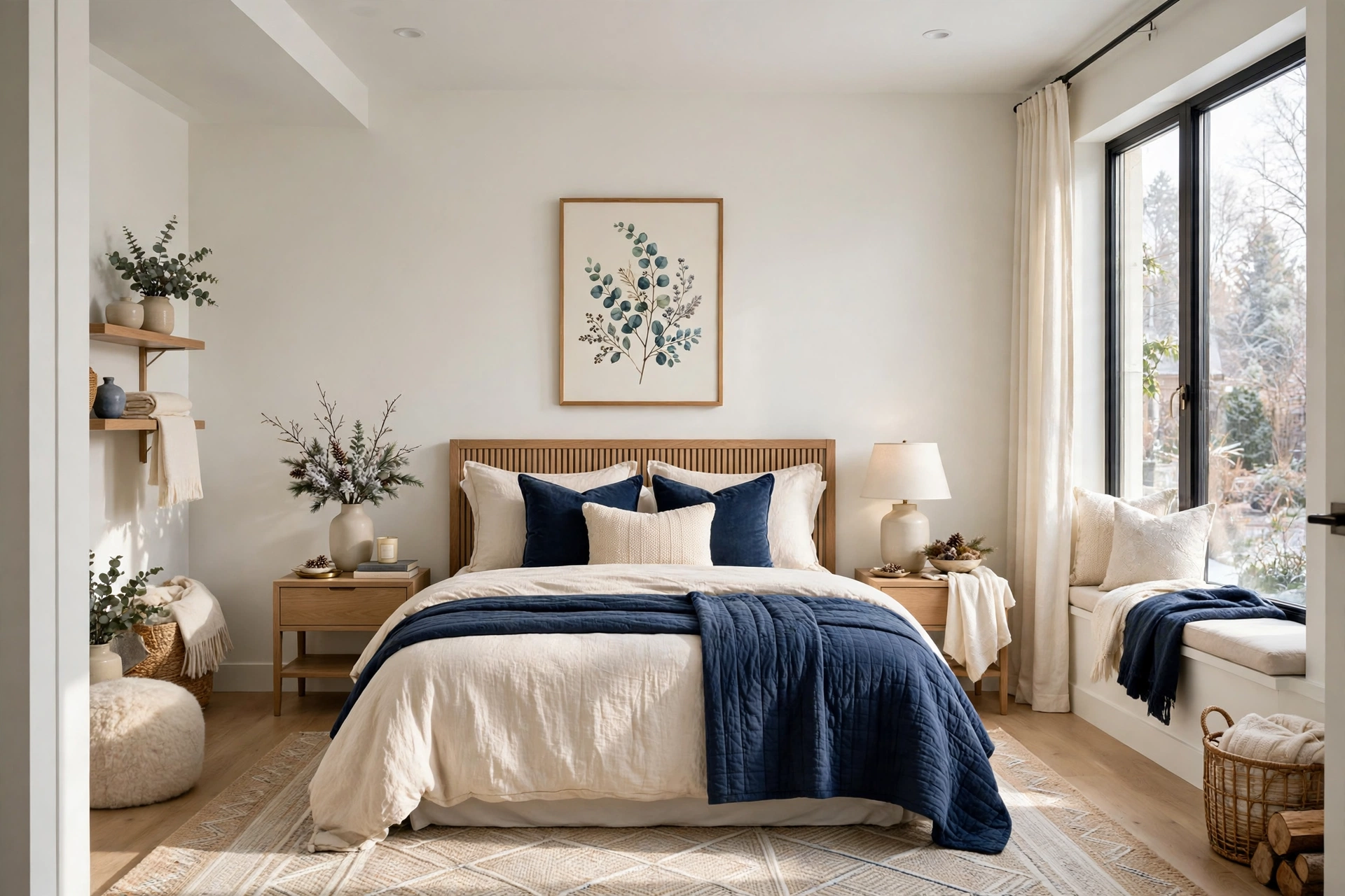 Wide shot of a guest bedroom with simple seasonal wall art and a small evergreen wreath above the headboard