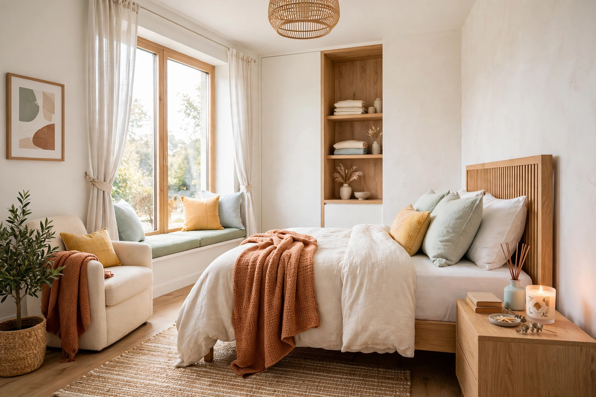 Wide shot of a cozy guest bedroom with a lit holiday candle and reed diffuser glowing on the dresser