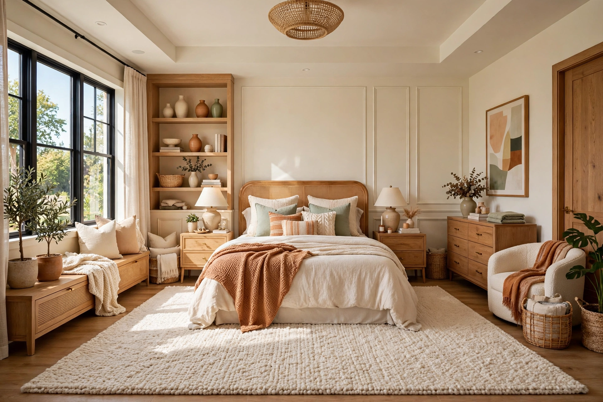 Wide shot of a warm guest bedroom with a plush area rug softening the floor beside the bed