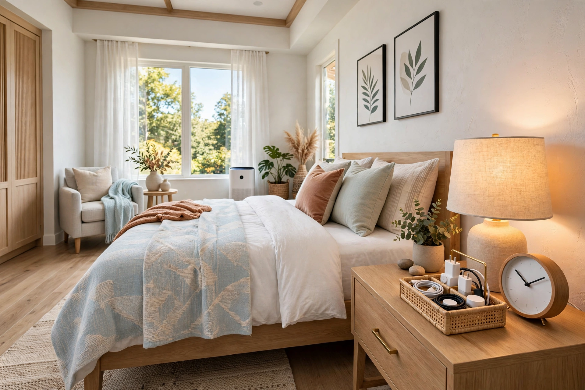 Wide shot of a modern guest bedroom with a bedside charging station and neatly organized cables on the nightstand
