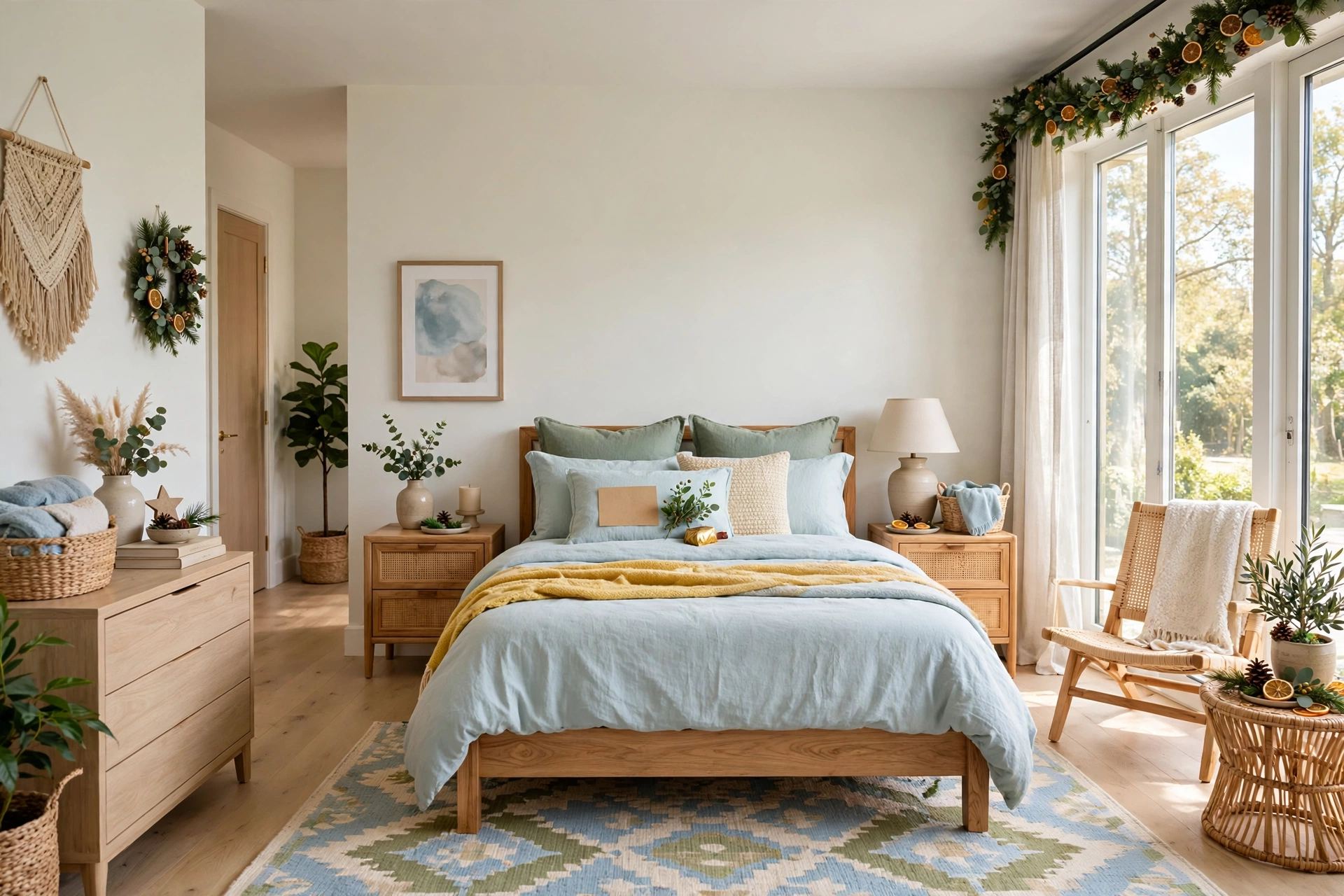 Wide shot of a festive guest bedroom with a handwritten welcome note and a small vase of flowers on the nightstand