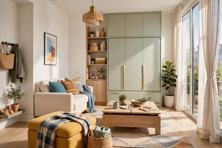 Bright modern small apartment living room with space-saving double-duty furniture: storage ottoman, lift-top coffee table and sleek wall bed cabinet, sunlit and airy