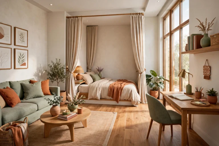 Bright modern studio apartment with clearly divided living, sleep and work zones: sofa area on a rug, curtained bed alcove, desk nook by window, entire open space visible wall to wall