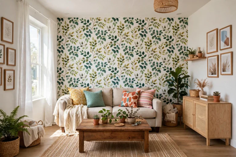 Bright modern rental apartment living room decorated on a $300 budget, wide wall-to-wall view with colorful throw pillows, plants, and warm lighting