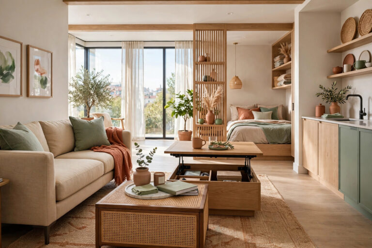 Bright studio apartment showcasing multi-functional furniture: a sofa, storage ottoman, and lift-top coffee table in one open living zone, wide wall-to-wall view