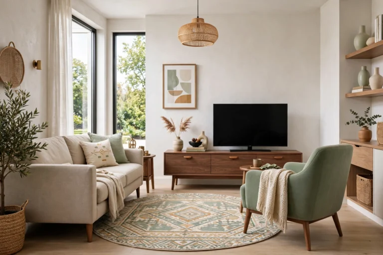 Bright modern small living room arranged in a floating conversation layout, sofa and armchair grouped around a round rug, wide wall-to-wall view
