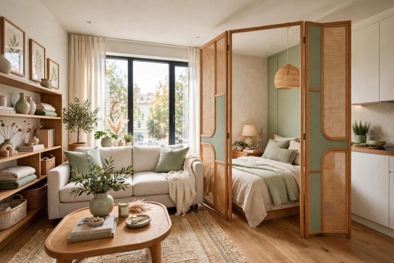 Bright open-plan small apartment living room divided by a stylish folding room divider