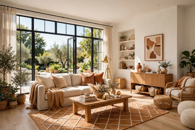 Bright living room with a designer color scheme: oatmeal linen sofa, caramel rug, warm white walls, and brass floor lamp in a sunlit wide-angle view