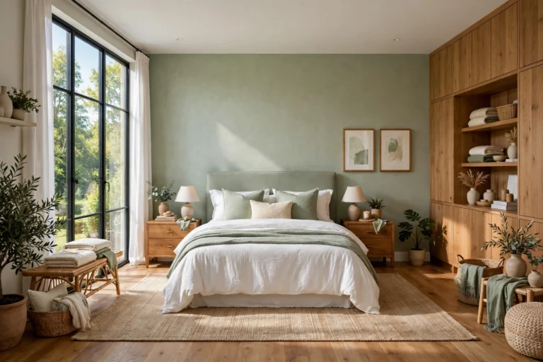 Serene sleep-ready bedroom sanctuary with layered white bedding, sage-green accent wall, wooden nightstands and soft morning light