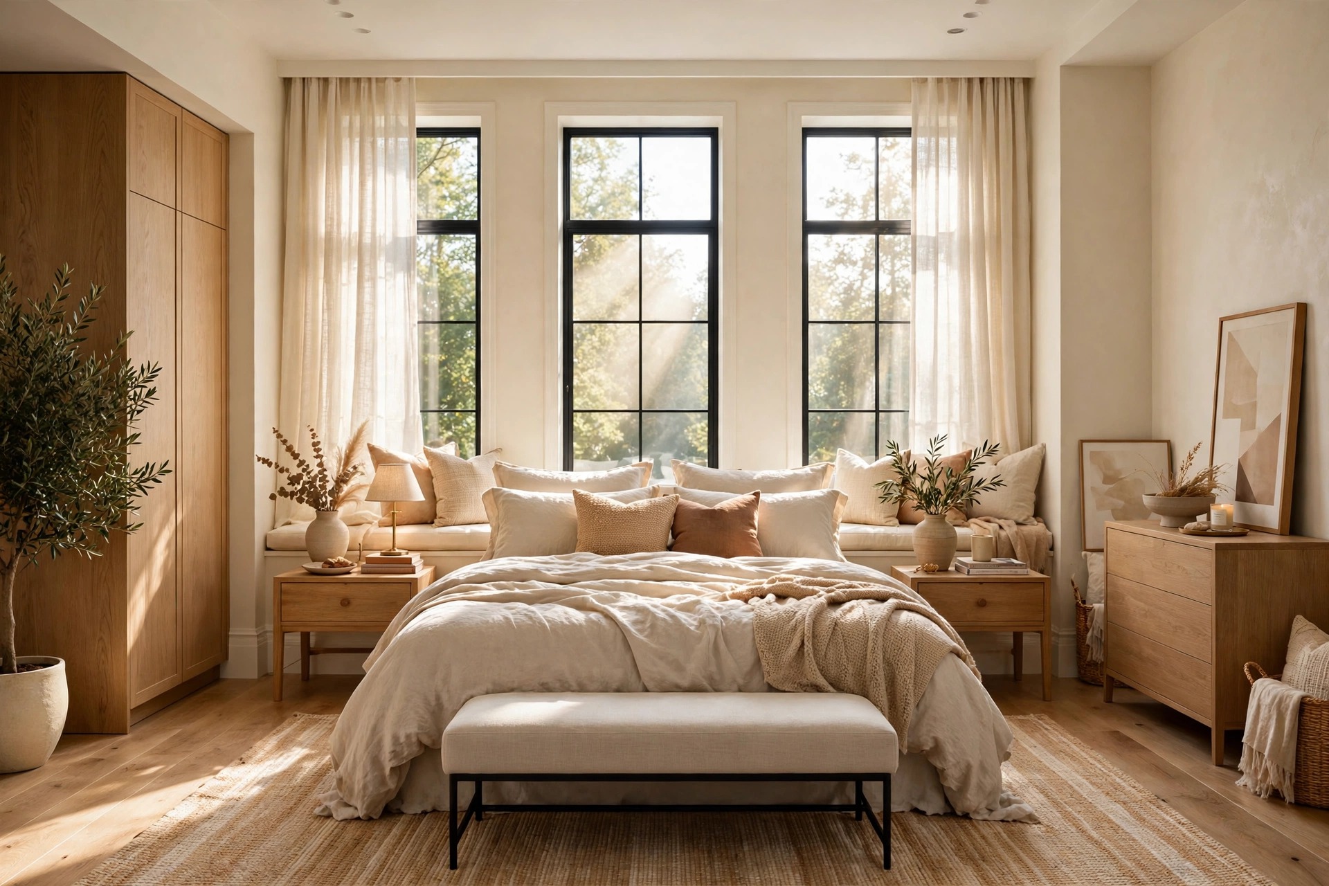 Bright master bedroom with warm neutral color palette, cream walls, oatmeal linen bedding, oak nightstands, soft morning light through windows