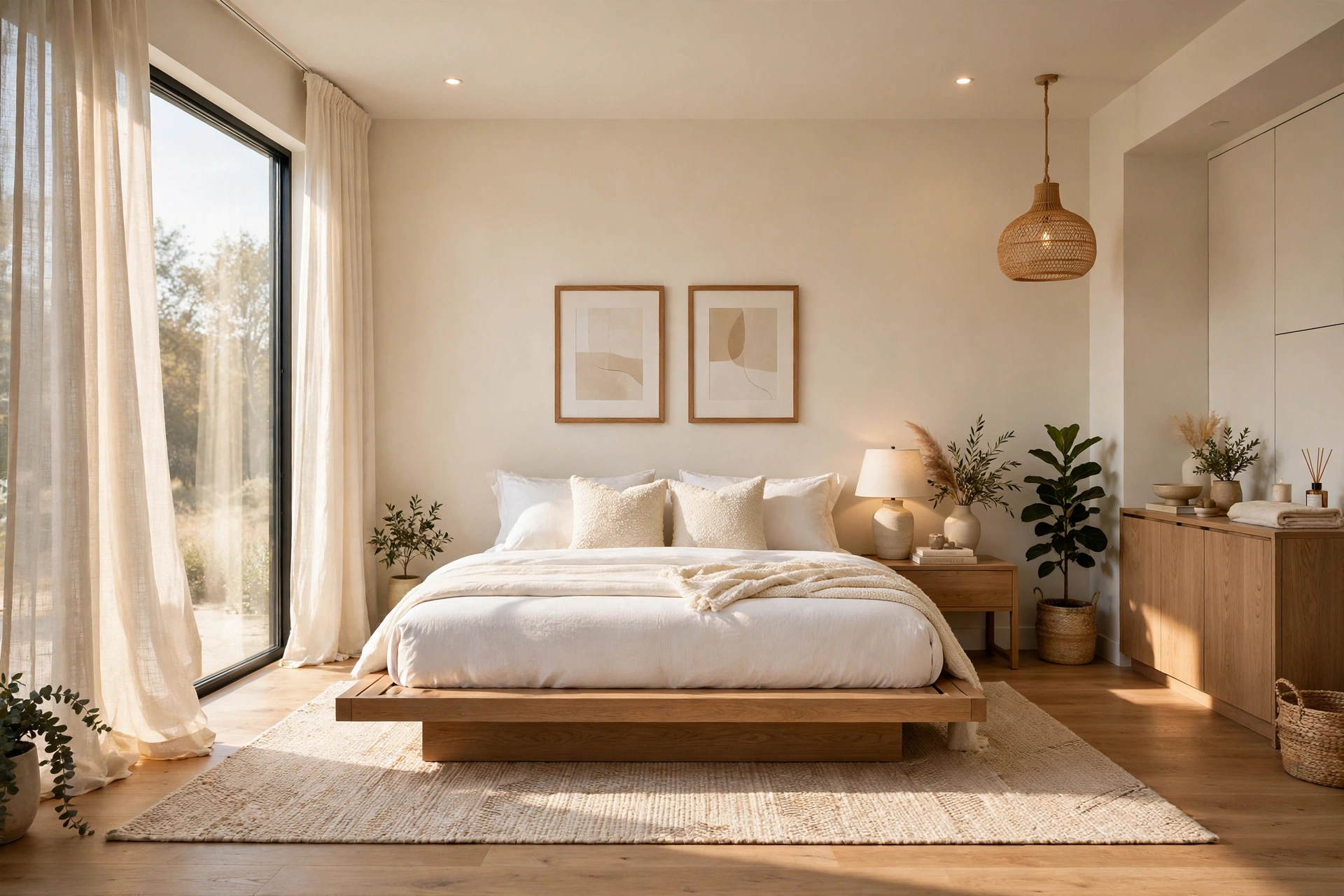Bright modern bedroom with a sleek low-profile platform bed, crisp white bedding, and warm natural light