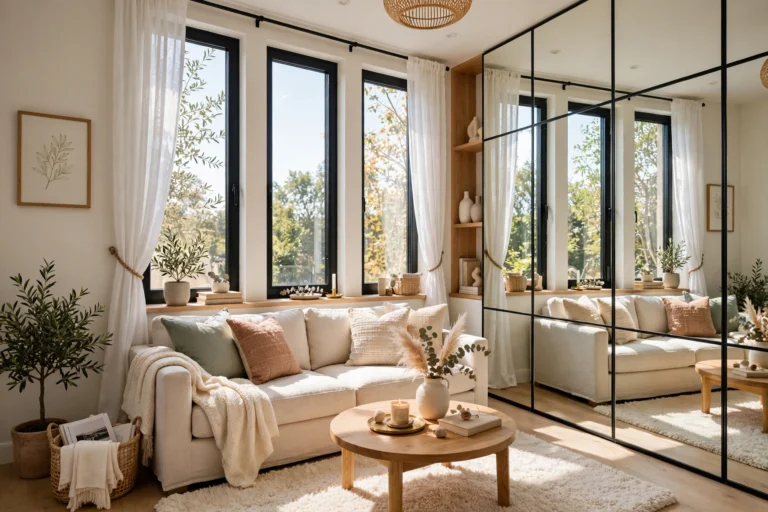 Bright small living room with a floor-to-ceiling mirror wall, light linen sofa, and sunlit windows making the compact space feel spacious and airy