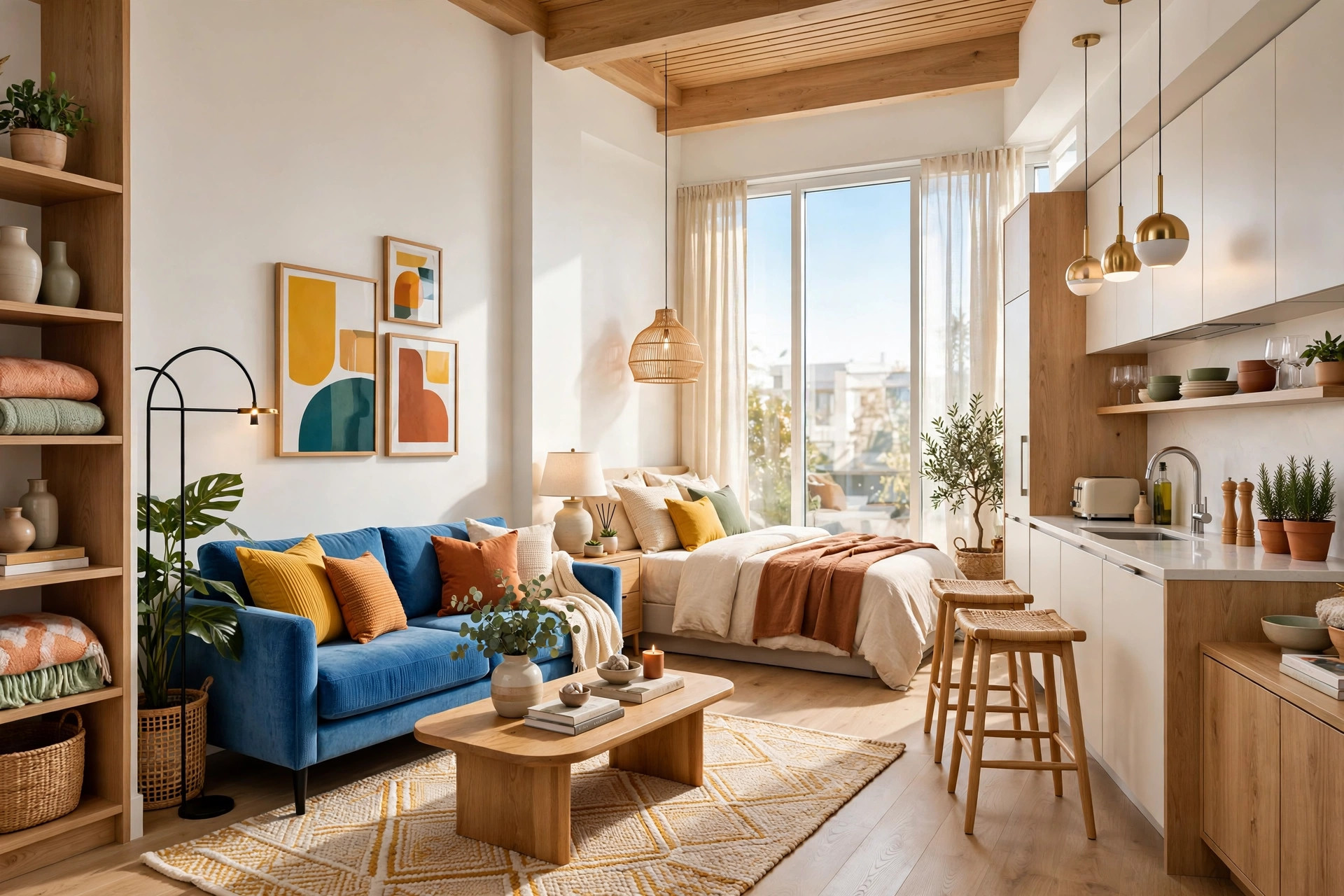 Bright open-plan studio apartment with living, sleeping, and dining zones in one airy room, modern decor, large windows