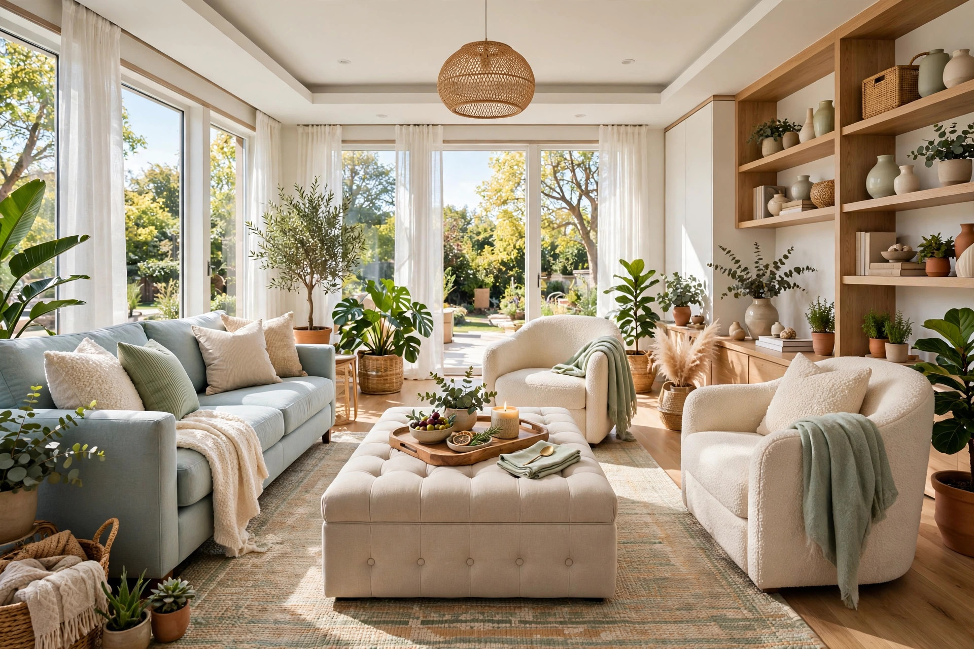 Bright living room with a tufted storage ottoman used as a coffee table with a serving tray, whole room visible