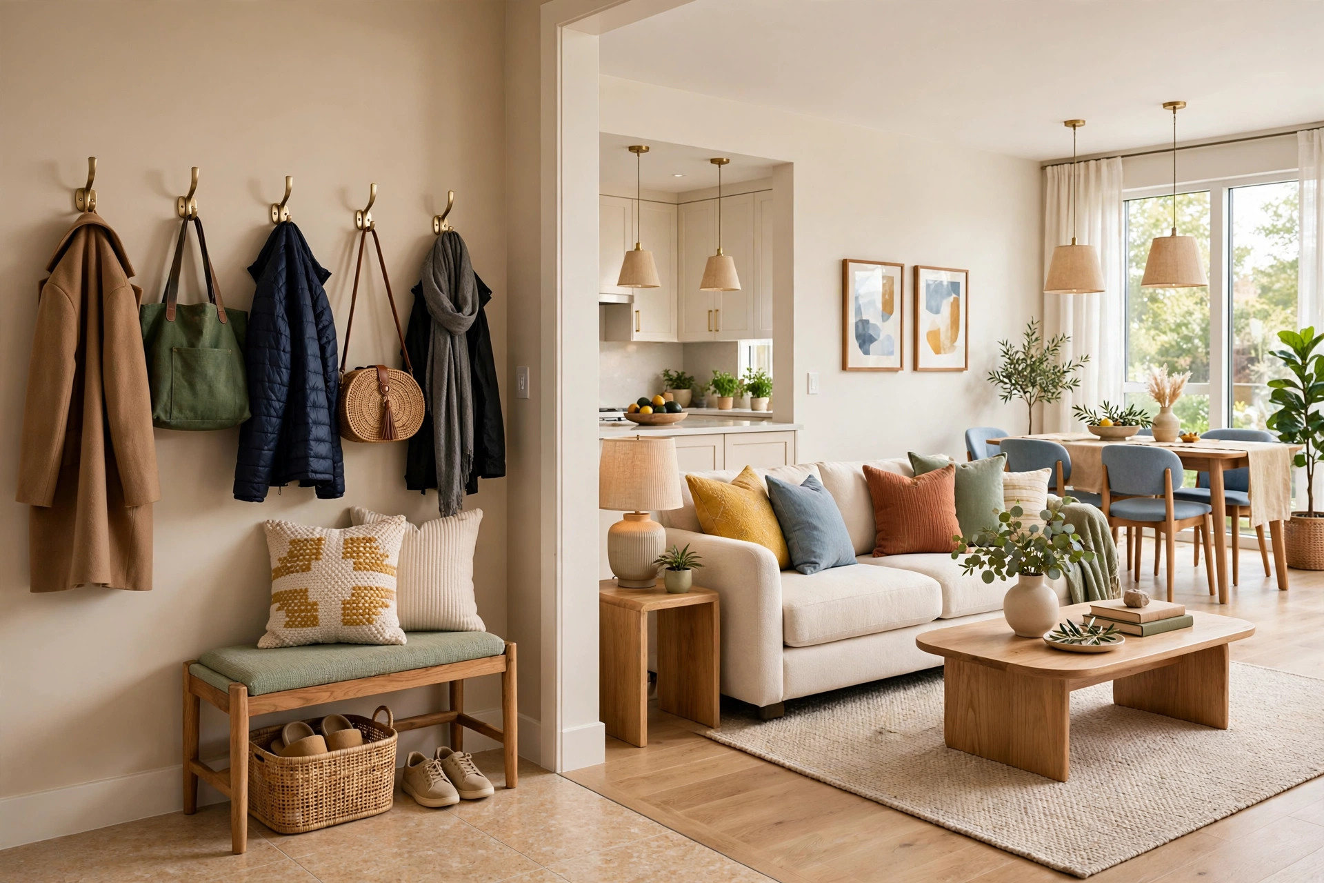 Bright apartment entryway wall with a row of adhesive hooks holding coats and bags, wide wall-to-wall view