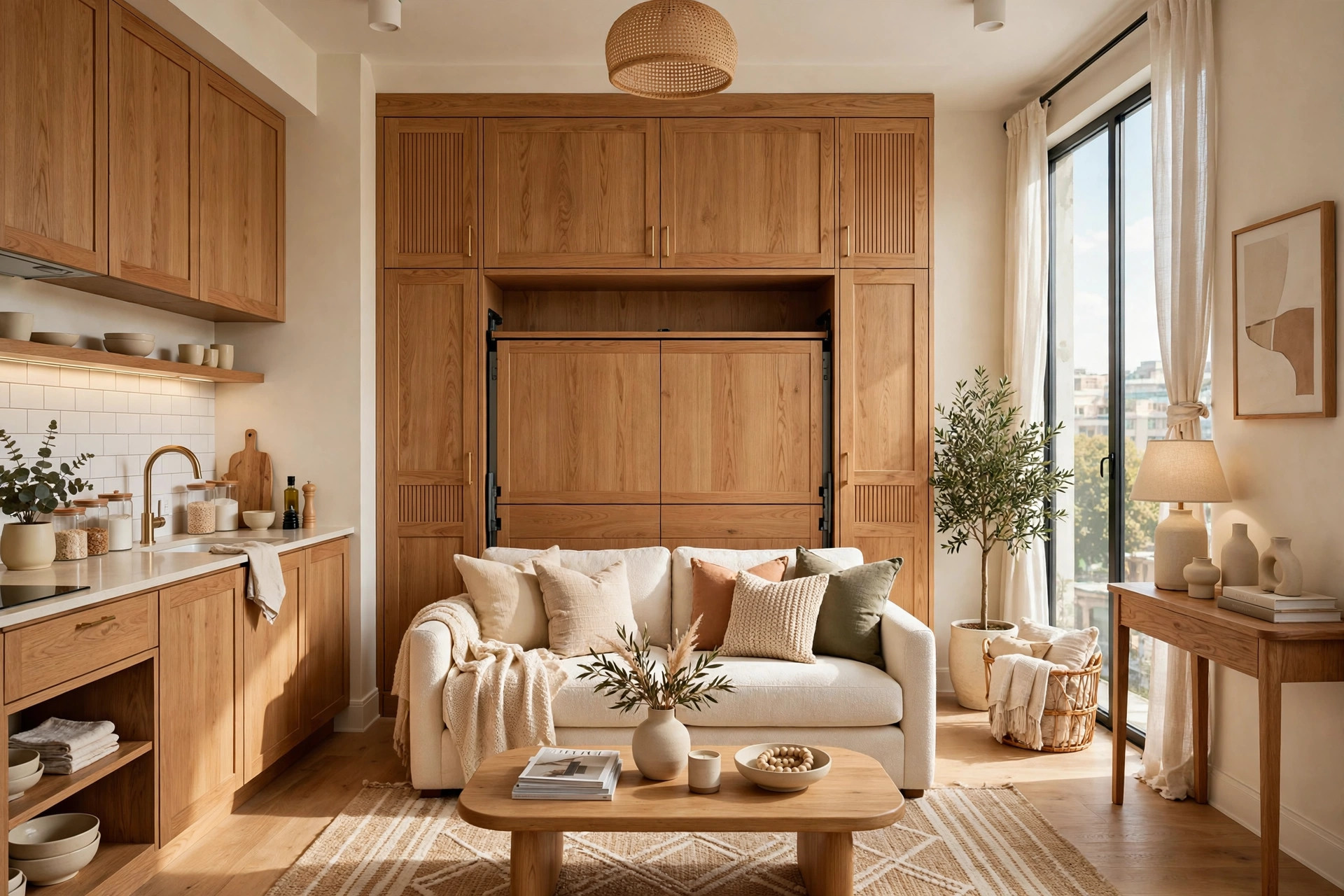Bright studio apartment with a murphy bed folded up into a wall cabinet revealing a sofa below, wide wall-to-wall view