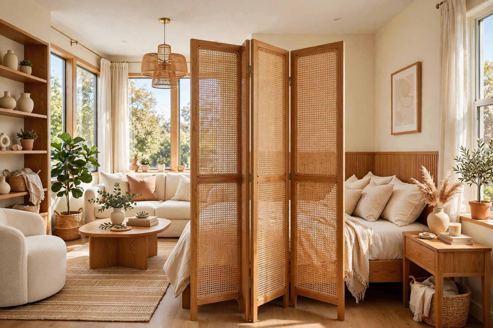 Bright small apartment living room with a folding panel screen dividing the sleeping area
