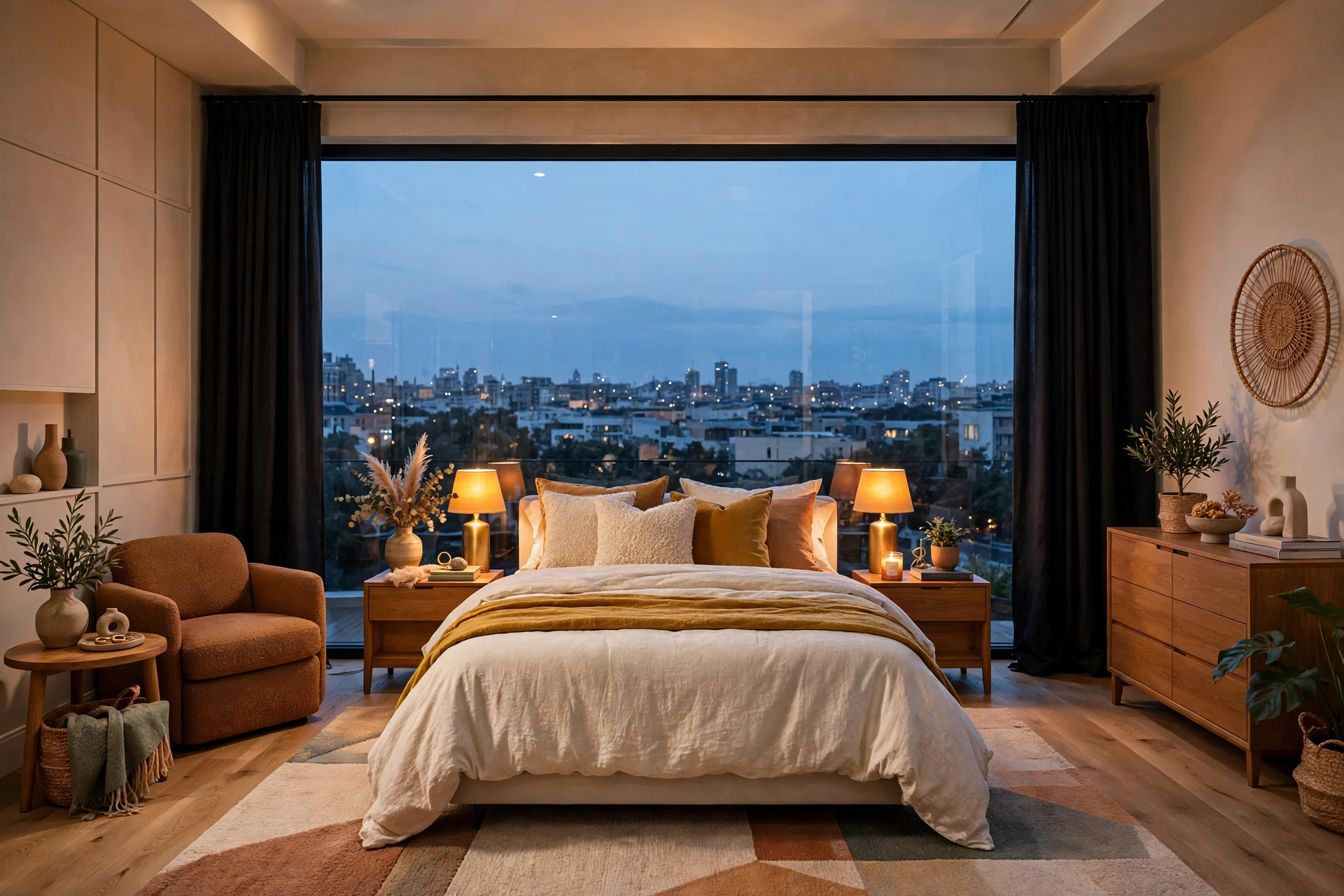 Cozy bedroom at dusk with glowing warm bedside lamps and floor-to-ceiling blackout curtains framing the window