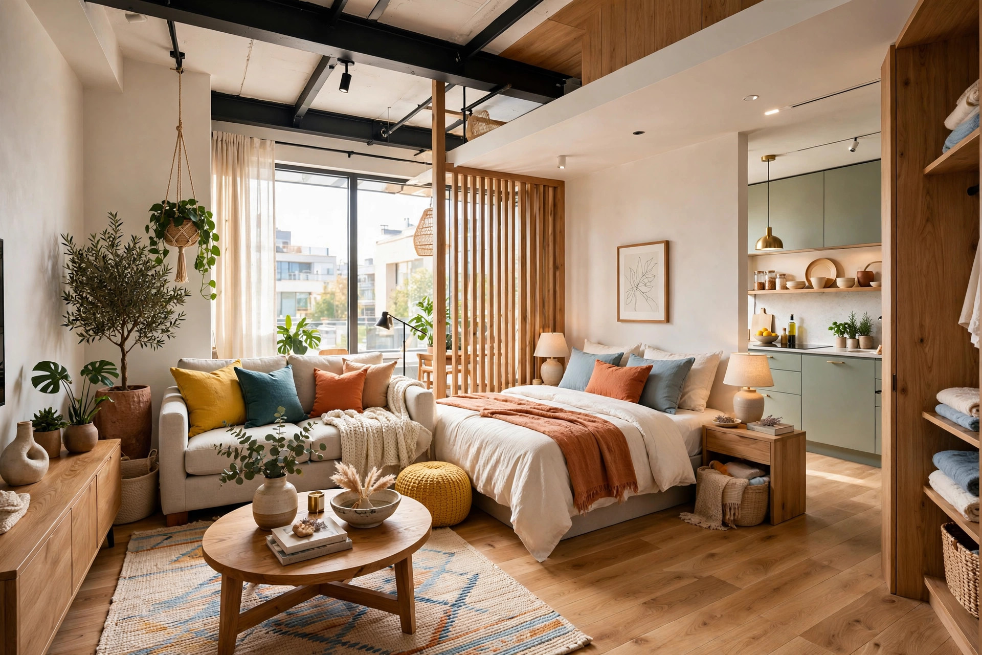 Open-plan loft-style studio apartment with floating sofa and bed, warm wood floors, tall windows