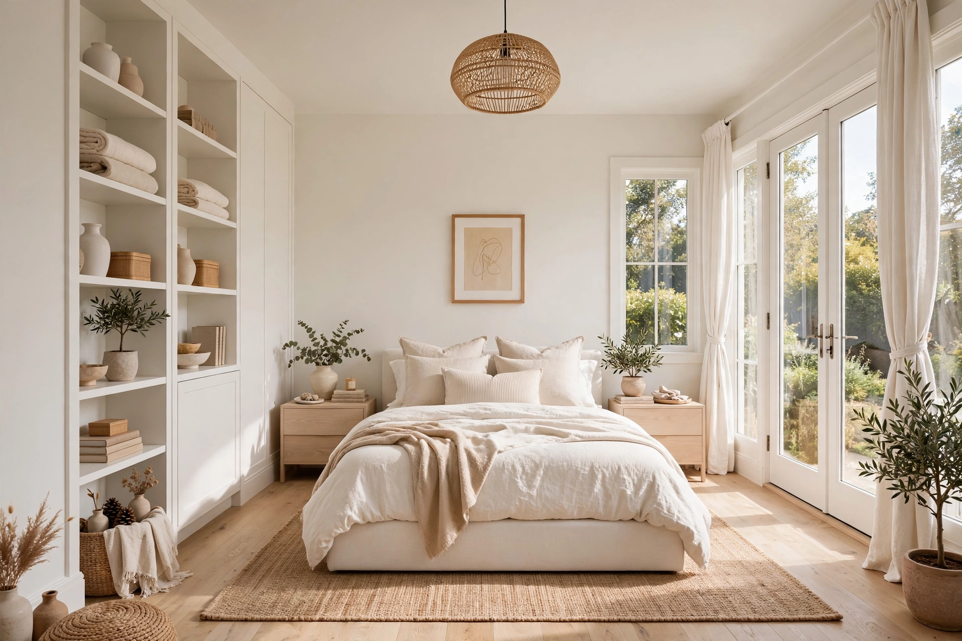 Small bedroom color-drenched in soft warm white with matching walls, trim, and ceiling for a seamless spacious feel