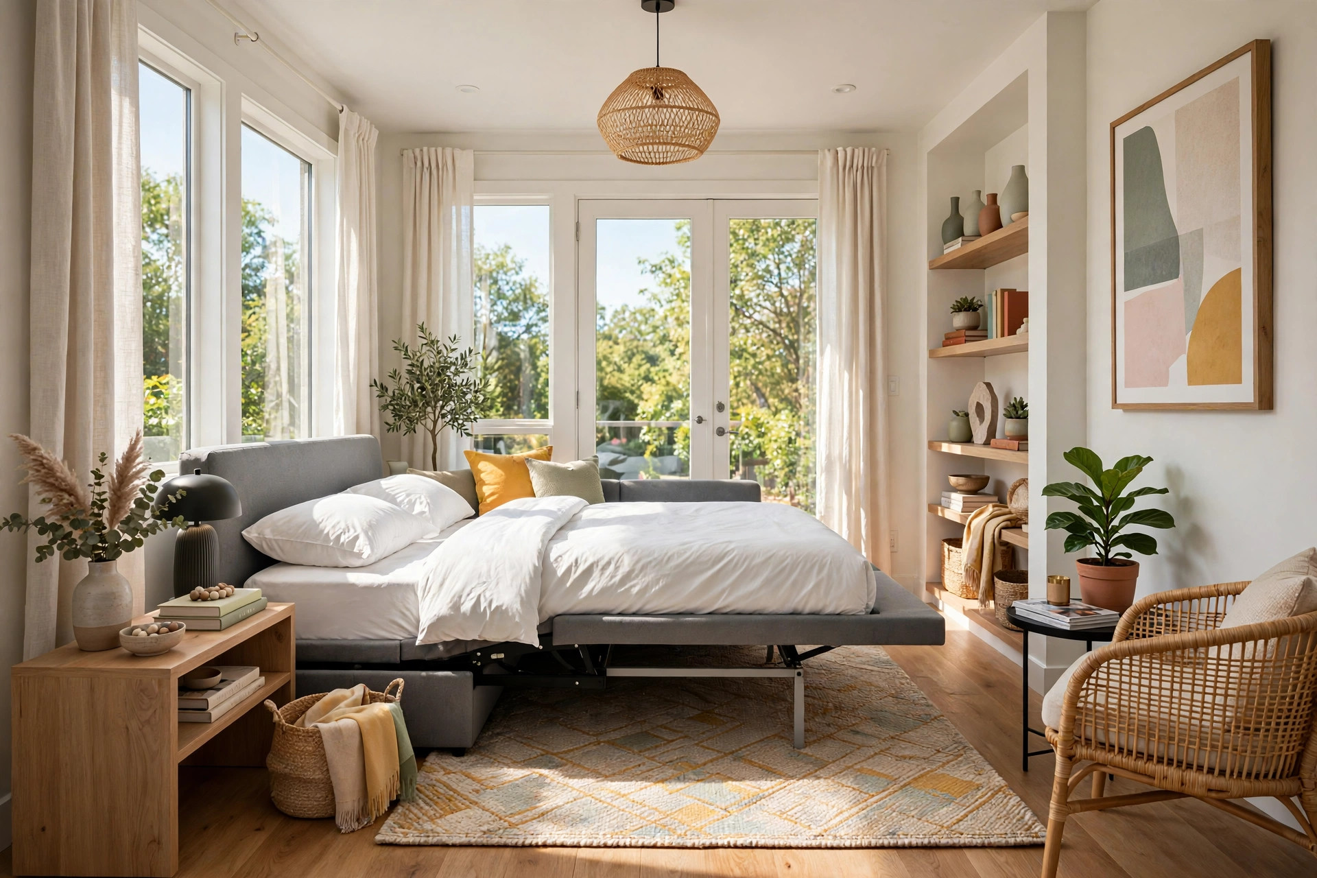Sunlit small living room with a modern sleeper sofa opened into a bed with crisp bedding, whole room visible
