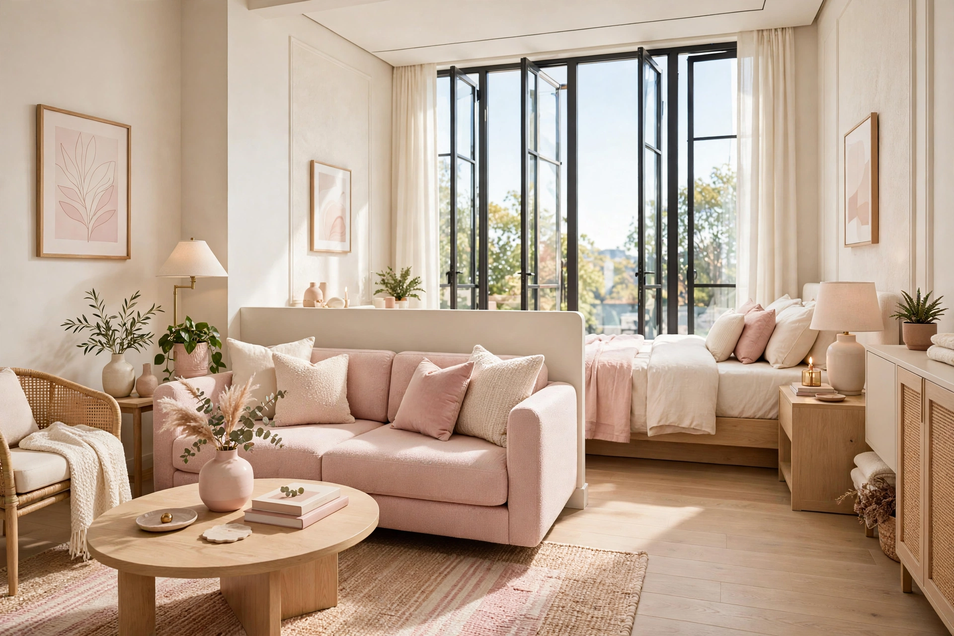 Studio apartment with sofa placed back to back with the bed, creating an invisible divider between living and sleep zones, bright modern styling, full room view